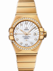 Omega 31mm Automatic Brushed Chronometer White Mother Of Pearl Dial Yellow Gold Case, Diamonds With Yellow Gold Bracelet Watch #123.55.31.20.55.002 (Women Watch)