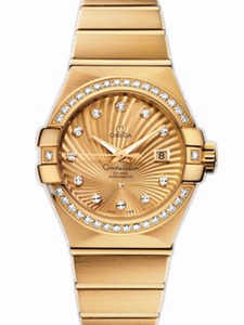 Omega 31mm Automatic Brushed Chronometer Champagne Gold Dial Yellow Gold Case, Diamonds With Yellow Gold Bracelet Watch #123.55.31.20.58.001 (Women Watch)