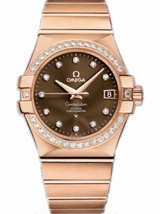 Omega 35mm Automatic Chronometer Brown Gold Dial Rose Gold Case, Diamonds With Rose Gold Bracelet Watch #123.55.35.20.63.001 (Men Watch)
