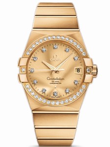 Omega 38mm Automatic Chronometer Champagne Gold Dial Yellow Gold Case, Diamonds With Yellow Gold Bracelet Watch #123.55.38.21.58.001 (Men Watch)