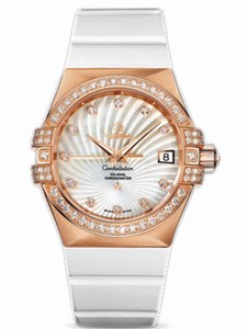 Omega 35mm Automatic Chronometer White Mother Of Pearl Dial Rose Gold Case, Diamonds With White Rubber Strap Watch #123.57.35.20.55.001 (Women Watch)