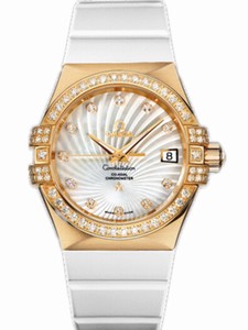 Omega 35mm Automatic Chronometer White Mother Of Pearl Dial Yellow Gold Case, Diamonds With White Rubber Strap Watch #123.57.35.20.55.003 (Women Watch)
