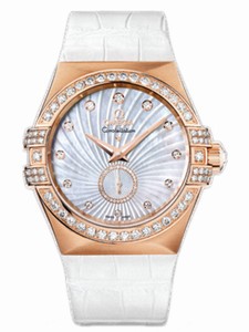 Omega 35mm Automatic Constellation Small Seconds Chronometer White Mother Of Pearl Dial Rose Gold Case, Diamonds With White Leather Strap Watch #123.58.35.20.55.001 (Women Watch)