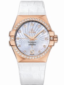 Omega 35mm Automatic Chronometer White Mother Of Pearl Dial Rose Gold Case, Diamonds With White Leather Strap Watch #123.58.35.20.55.003 (Women Watch)