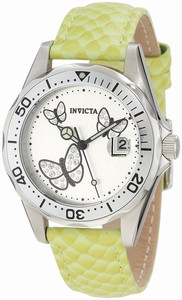 Invicta Silver Butterflies With Encrusted White Crystals Dial Lime Genuine Calf Leather With Reptile Pattern Watch #12516 (Women Watch)