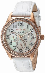 Invicta Angel Quartz Multifunction Dial Crystal Bezel White Leather Watch # 12608 (Women Watch)