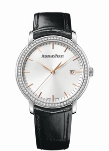 Audemars Piguet Jules Audemars Automatic Silver Dial Date Diamond Bezel 18ct White Gold Case Black Leather Watch# 15171BC.ZZ.A002CR.01 (Men Watch)
