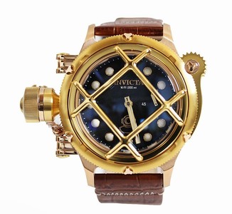 Invicta Blue Dial Gold-Plated Stainless-Steel Case Brown Leather Watch # 16158 (Men Watch)