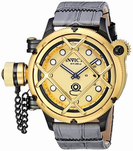 Invicta Russian Diver Mechanical Hand Wind Gold Dial Grey Leather Watch # 16358 (Men Watch)