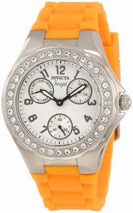 Invicta Angel Quartz Multifunction Dial Crystal Bezel Orange Silicone Watch # 1638 (Women Watch)