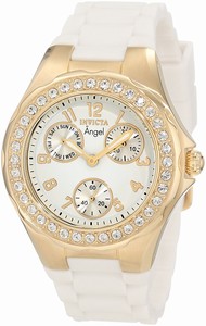 Invicta Angel Quartz Multifunction Dial Crystal Bezel White Silicone Watch # 1644 (Women Watch)