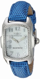 Invicta Lupah Quartz Mother of Pearl Dial Crystal Bezel Blue Leather Watch # 19520 (Women Watch)