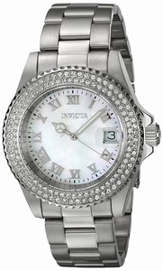 Invicta Mother Of Pearl Dial Fixed Stainless Steel Set With Crystals Band Watch #19873 (Women Watch)