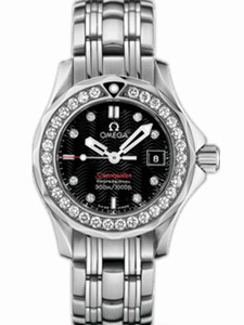 Omega 28mm Quartz Seamaster 300M Black Dial Stainless Steel Case, Diamonds With Stainless Steel Bracelet Watch #212.15.28.61.51.001 (Women Watch)