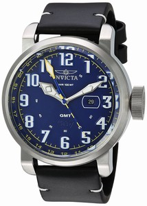 Invicta Aviator Quartz Blue Dial GMT Date Black Leather Watch # 22251 (Men Watch)