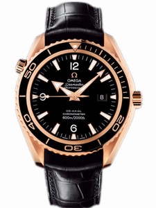 Omega 45.5mm Automatic Chronometer Planet Ocean Big Size Black Dial Rose Gold Case With Black Leather Strap Watch #222.63.46.20.01.001 (Men Watch)