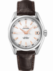 Omega 38.5mm Automatic Chronometer Aqua Terra Mid Size Silver Dial Stainless Steel Case, Rose Gold Hour Indices With Brown Leather Strap Watch #231.13.39.21.02.002 (Men Watch)