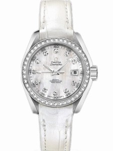 Omega 30mm Automatic Chronometer Aqua Terra Jewellery White Mother Of Pearl Dial Stainless Steel Case, Diamonds With White Leather Strap Watch #231.18.30.20.55.001 (Women Watch)