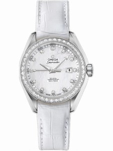 Omega 34mm Automatic Chronometer Aqua Terra White Mother Of Pearl Dial Stainless Steel Case, Diamonds With White Leather Strap Watch #231.18.34.20.55.001 (Women Watch)