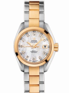 Omega 30mm Automatic Chronometer Aqua Terra White Mother Of Pearl Dial Yellow Gold Case, Diamonds With Yellow Dial And Stainless Steel Bracelet Watch #231.20.30.20.55.002 (Women Watch)
