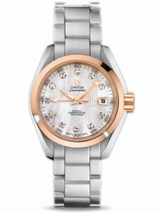 Omega 30mm Automatic Chronometer Aqua Terra White Mother Of Pearl Dial Rose Gold Case, Diamonds Stainless Steel Bracelet Watch #231.20.30.20.55.003 (Women Watch)