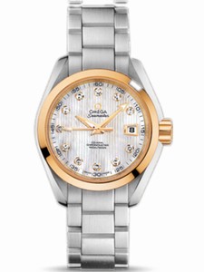 Omega 30mm Automatic Chronometer Aqua Terra White Mother Of Pearl Dial Yellow Gold Case, Diamonds With Stainless Steel Bracelet Watch #231.20.30.20.55.004 (Women Watch)