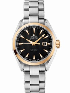 Omega 34mm Automatic Chronometer Aqua Terra Black Dial Yellow Gold Case With Stainless Steel Bracelet Watch #231.20.34.20.01.004 (Women Watch)