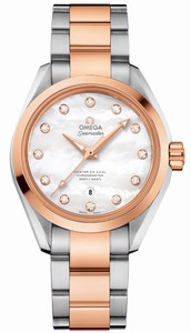 Omega Seamaster Aqua Terra Master Co-Axial White Mother of Pearl Diamond Dial Date 18k Rose Gold and Stainless Steel Watch# 231.20.34.20.55.001 (Women Watch)