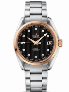 Omega 38.5mm Automatic Chronometer Aqua Terra Mid Size Teak Black Dial Rose Gold Case, Diamonds With Stainless Steel Bracelet Watch #231.20.39.21.51.003 (Men Watch)