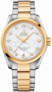 Omega Seamaster Aqua Terra Master Co-Axial Chronometer White Mother of Pearl Diamond Dial Date 18k Yellow Gold and Stainless Steel Watch# 231.20.39.21.55.004 (Women Watch)