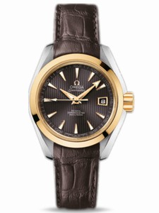 Omega 30mm Automatic Chronometer Aqua Terra Teak Gray Yellow Gold Case With Brown Leather Strap Watch #231.23.30.20.06.002 (Women Watch)