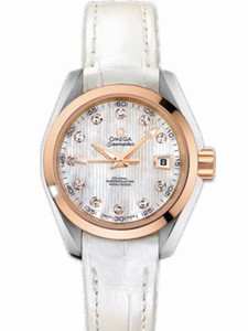 Omega 30mm Automatic Chronometer Aqua Terra White Mother Of Pearl Dial Rose Gold Case, Diamonds With White Leather Strap Watch #231.23.30.20.55.001 (Women Watch)