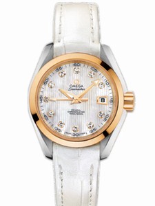 Omega 30mm Automatic Chronometer Aqua Terra White Mother Of Pearl Dial Yellow Gold Case, Diamonds With White Leather Strap Watch #231.23.30.20.55.002 (Women Watch)