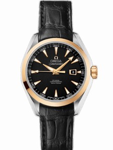 Omega 34mm Automatic Chronometer Aqua Terra Black Dial Yellow Gold Case With Black Leather Strap Watch #231.23.34.20.01.001 (Women Watch)