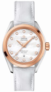 Omega Seamaster Aqua Terra Master Co-Axial Mother of Pearl Diamond Dial 18k Rose Gold and Stainless Steel Case White Leather Watch# 231.23.34.20.55.001 (Women Watch)