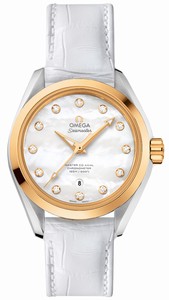 Omega Seamaster Aqua Terra Master Co-Axial Automatic White Mother of Pearl Diamond Dial 18k Yellow Gold and Stainless Steel Case White Leather Watch# 231.23.34.20.55.002 (Women Watch)