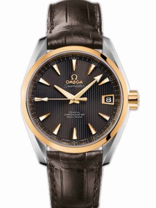 Omega 38.5mm Automatic Chronometer Aqua Terra Mid Size Teak Gray Dial Yellow Gold Case With Brown Leather Strap Watch #231.23.39.21.06.002 (Men Watch)