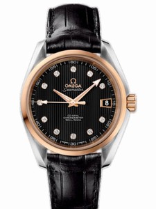 Omega 38.5mm Automatic Chronometer Aqua Terra Mid Size Black Dial Rose Gold Case, Diamonds With Black Leather Strap Watch #231.23.39.21.51.001 (Women Watch)