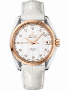 Omega 38.5mm Automatic Chronometer Aqua Terra Mid Size Teak Opaline Silver Dial Rose Gold Case, Diamonds With White Leather Strap Watch #231.23.39.21.52.001 (Men Watch)