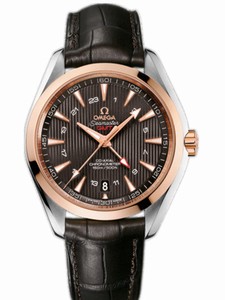 Omega 43mm Automatic Chronometer Aqua Terra 150M GMT Gray Dial Rose Gold Case With Brown Leather Strap Watch #231.23.43.22.06.001 (Men Watch)