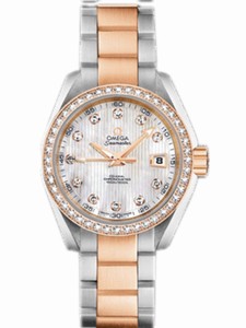 Omega 30mm Automatic Chronometer Aqua Terra Jewellery White Mother Of Pearl Dial Rose Gold Case, Diamonds With Rose Gold And Stainless Steel Bracelet Watch #231.25.30.20.55.001 (Women Watch)