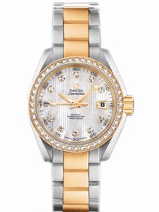 Omega 30mm Automatic Chronometer Aqua Terra Jewellery White Mother Of Pearl Yellow Gold Case, Diamonds With Yellow Gold And Stainless Steel Bracelet Watch #231.25.30.20.55.002 (Women Watch)