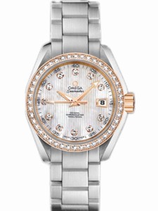 Omega 30mm Automatic Chronometer Aqua Terra Jewellery White Mother Of Pearl Rose Gold Case, Diamonds With Stainless Steel Bracelet Watch #231.25.30.20.55.003 (Women Watch)