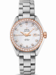 Omega 34mm Automatic Chronometer Aqua Terra Jewellery White Mother Of Pearl Dial Rose Gold Case, Diamonds With Rose Gold And Stainless Steel Bracelet Watch #231.25.34.20.55.003 (Women Watch)