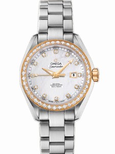 Omega 34mm Automatic Chronometer Aqua Terra Jewellery White Mother Of Pearl Dial Yellow Gold Case, Diamonds With Stainless Steel Bracelet Watch #231.25.34.20.55.004 (Women Watch)