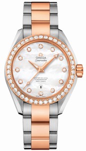 Omega Seamaster Aqua Terra Master Co-Axial Chronometer White Mother of Pearl Diamond Dial Diamond Bezel 18k Rose Gold and Stainless Steel Bracelet Watch# 231.25.34.20.55.005 (Women Watch)