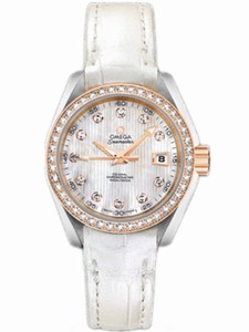 Omega 30mm Automatic Chronometer Aqua Terra Jewellery White Mother Of Pearl Dial Rose Gold Case, Diamonds With White Leather Strap Watch #231.28.30.20.55.001 (Women Watch)