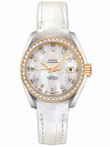 Omega 30mm Automatic Chronometer Aqua Terra Jewellery White Mother Of Pearl Dial Yellow Gold Case, Diamonds With White Leather Strap Watch #231.28.30.20.55.002 (Women Watch)
