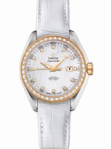 Omega 34mm Automatic Chronometer Aqua Terra Jewellery White Mother Of Pearl Dial Yellow Gold Case, Diamonds With White Leather Strap Watch #231.28.34.20.55.001 (Women Watch)