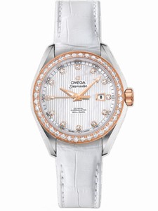 Omega 34mm Automatic Chronometer Aqua Terra Jewellery White Mother Of Pearl Dial Rose Gold Case, Diamonds With White Leather Strap Watch # 231.28.34.20.55.002 (Women Watch)